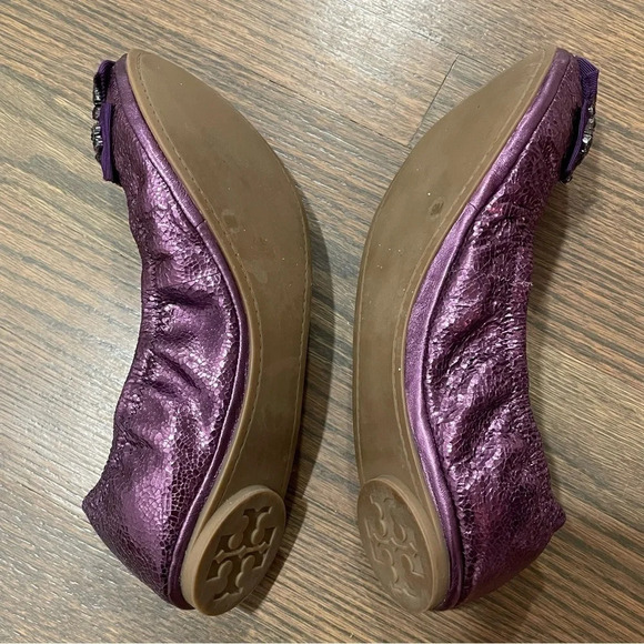 Tory Burch Azalea Crystal Bow Ballerina Flats Metallic Purple Leather Size 9 - Picture 6 of 12